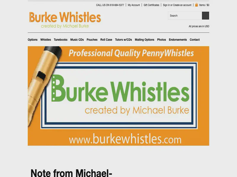 Website preview for www.burkewhistles.com