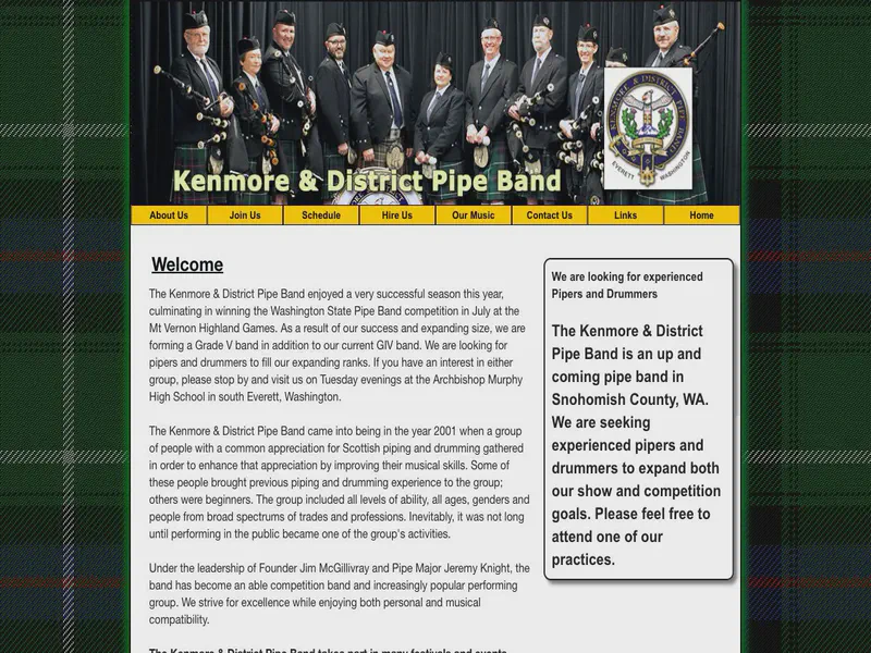 Website preview for www.kdpipeband.com